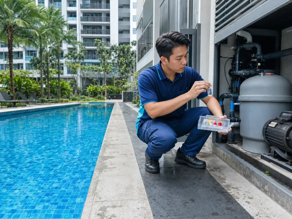 Pool technician inspecting water and filtration equipment